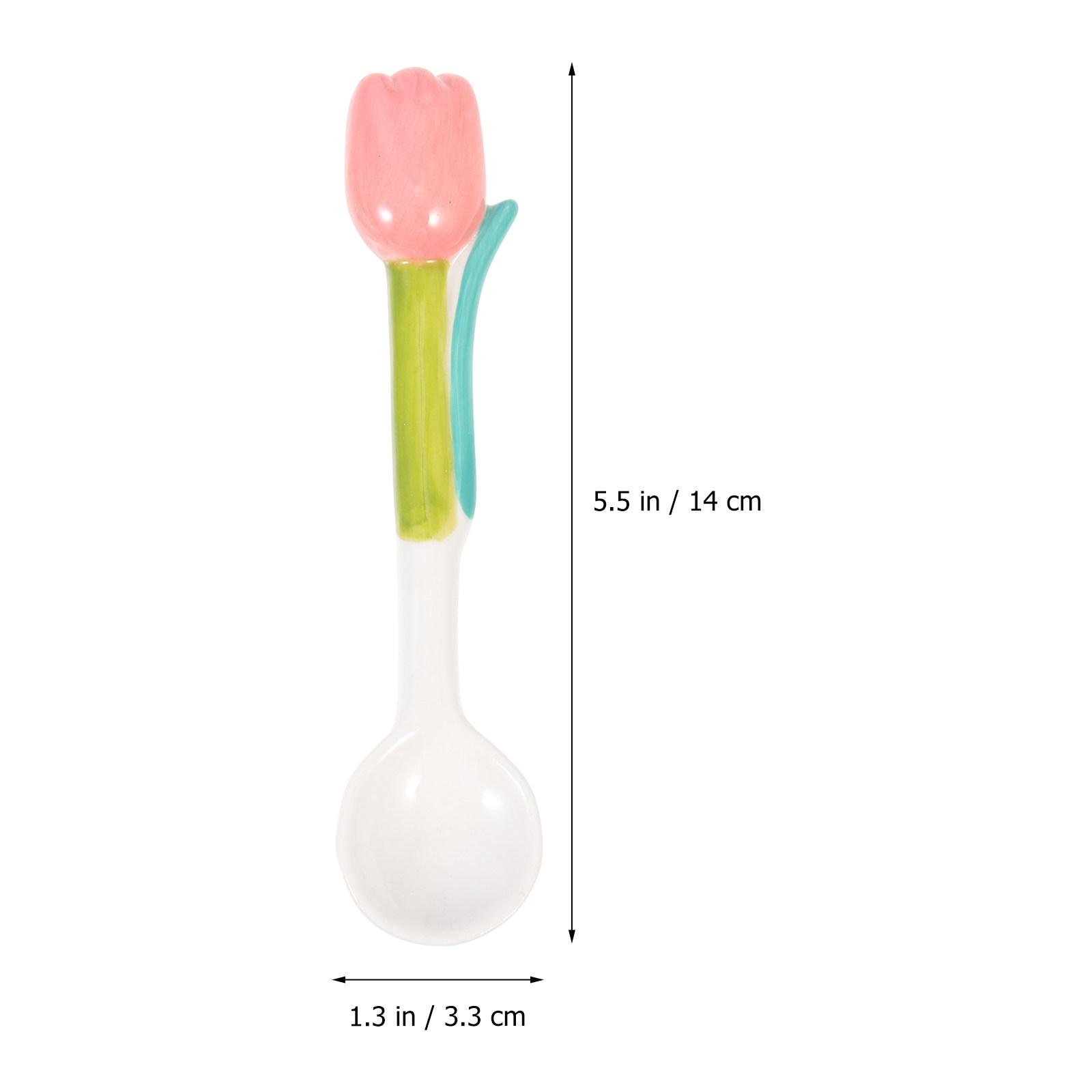 2Pcs Tulip Shaped Porcelain Flower Spoon Long Handle Household Mixing Spoon Convenient Coffee Rice Mixing Accessory розовый