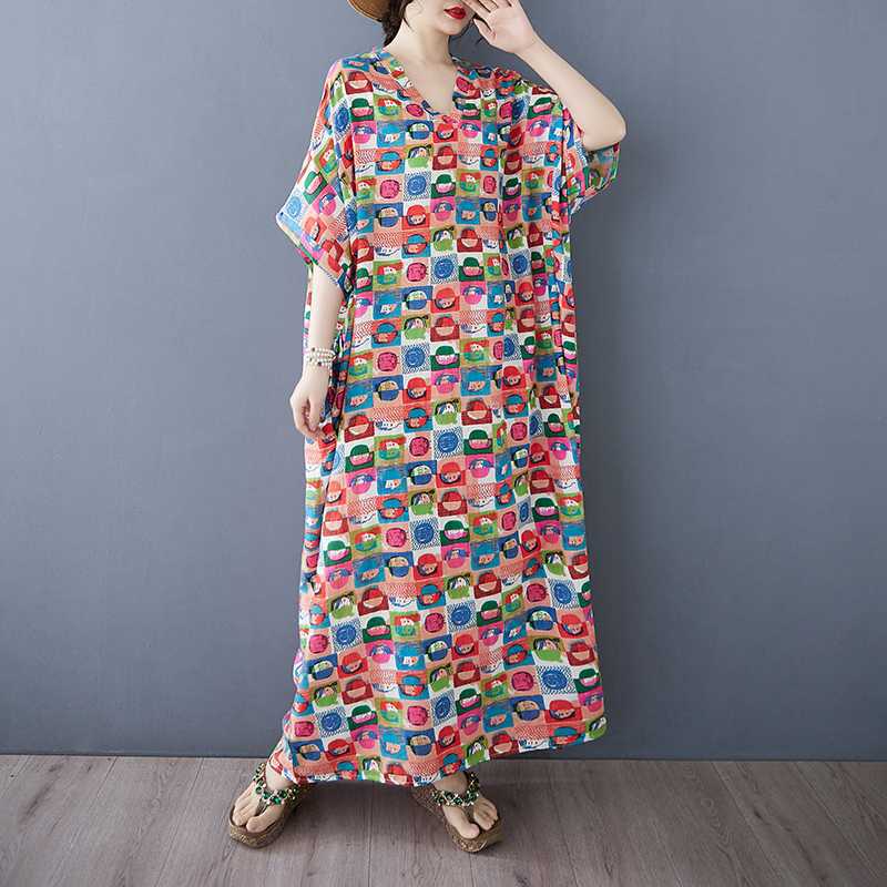 

Летнее цветное дорожное платье с V-образным вырезом в стиле ретро, длинная юбка, хлопок-лен One size