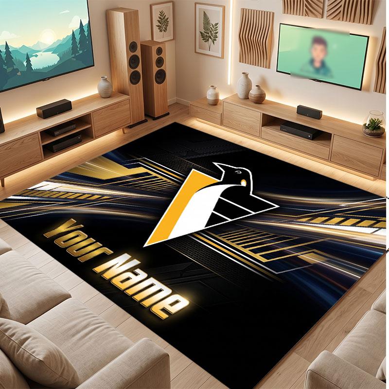 Pittsburgh Penguins Personalized Crystal Velvet Carpet, Customized Name Text Soft Anti‑Slip Rug for Living Room Bedroom