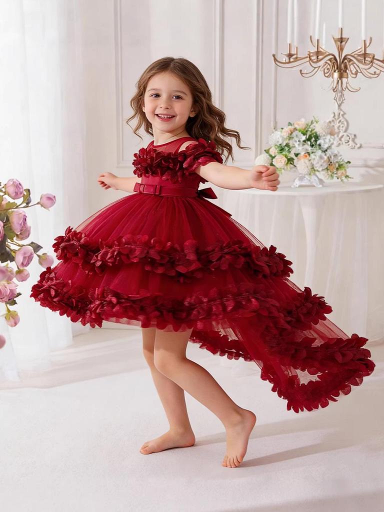 2026 Girls' Layered Flower Cake Dress: Birthday Mesh Princess Skirt, Fairy Lace Gown, Cotton