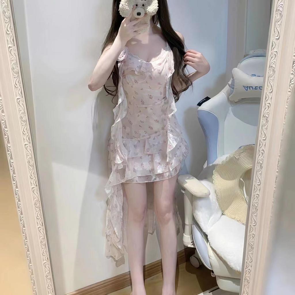 Pure desire sweet short skirt spring and summer waist thin design sense lace splicing irregular floral suspender dress women