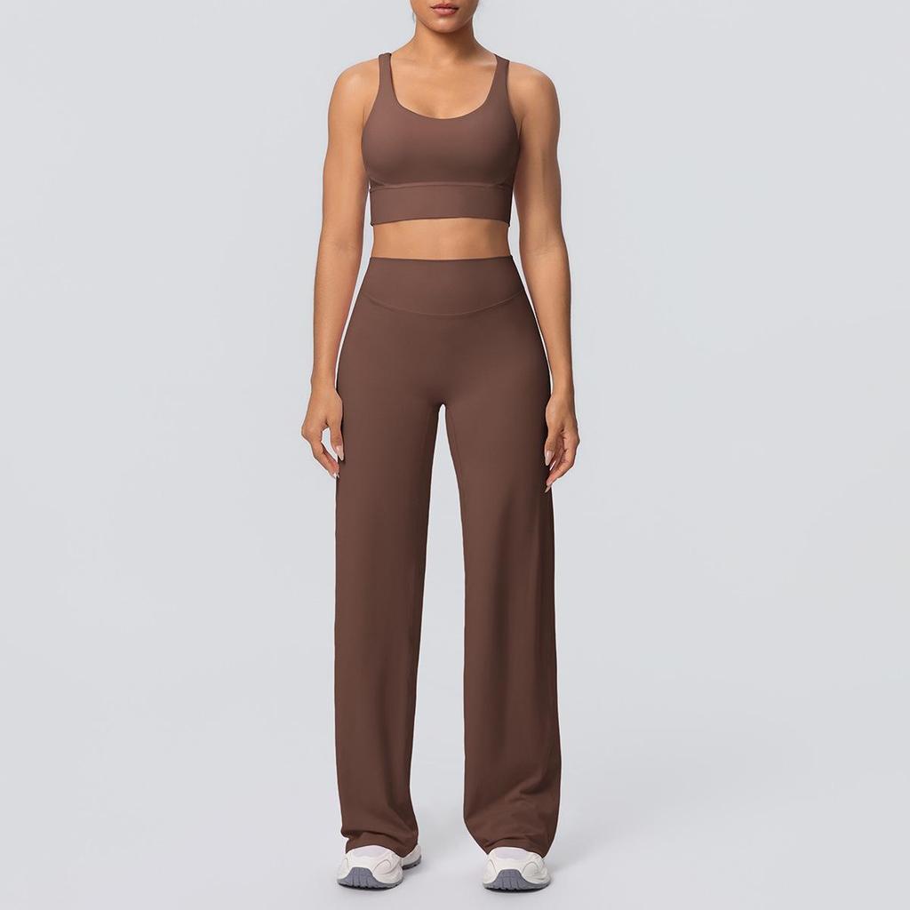 Shockproof Cross Back Running Bra & High Waist Wide Leg Yoga Pants