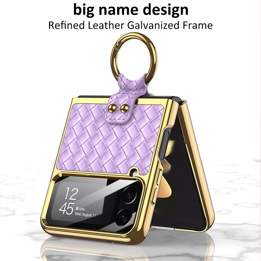 Ring Stand Capa For Samsung Galaxy Z Flip 4 5g Flip4 Case Plating Weave Textured Leather Lens Tempered Glass Plastic Pc Cover