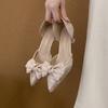Bow high heels women's summer thin heels versatile black pointed single shoes thin small heels women's bag head hollow single shoes