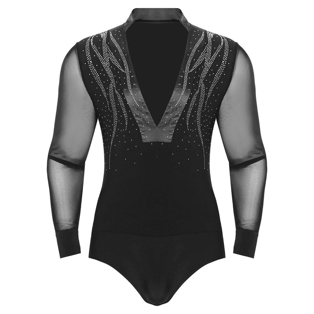 Pánský latinskoamerický taneční kostým Průhledná síťovina Dlouhý rukáv Color block Třpytivé kamínky Tango body