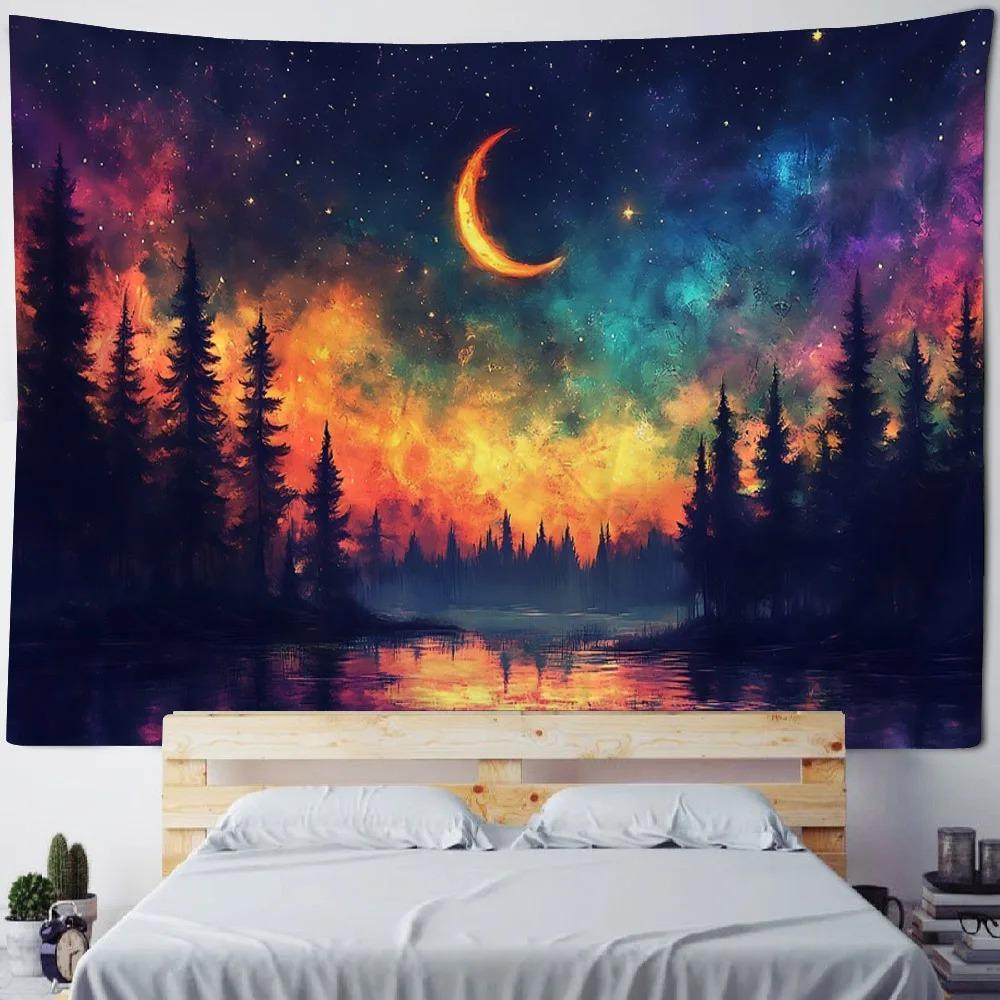 Background poster starry sky oil painting tapestry forest night fabric mural bohemian hippie home decoration wall hanging cloth
