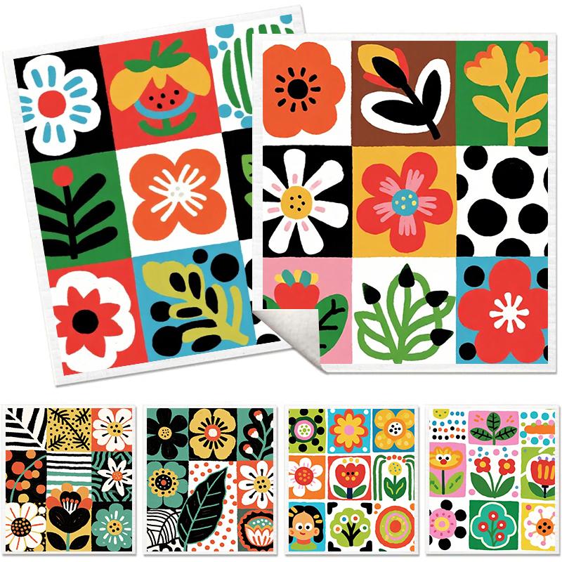 6PCS Cleaning Dishcloths Reusable Kitchen Dish Towels Retro Memphis Style Floral Cloth Absorbent Lint Free Dishcloth Washable Duster Rags Tea Towels