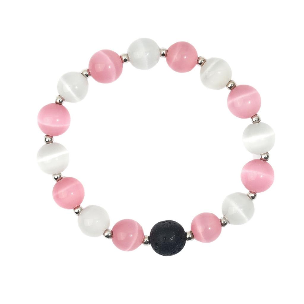 Opal beaded bracelet Valentine's Day gift silver bead spacer elastic rope black volcanic stone white powder cat eye bracelet