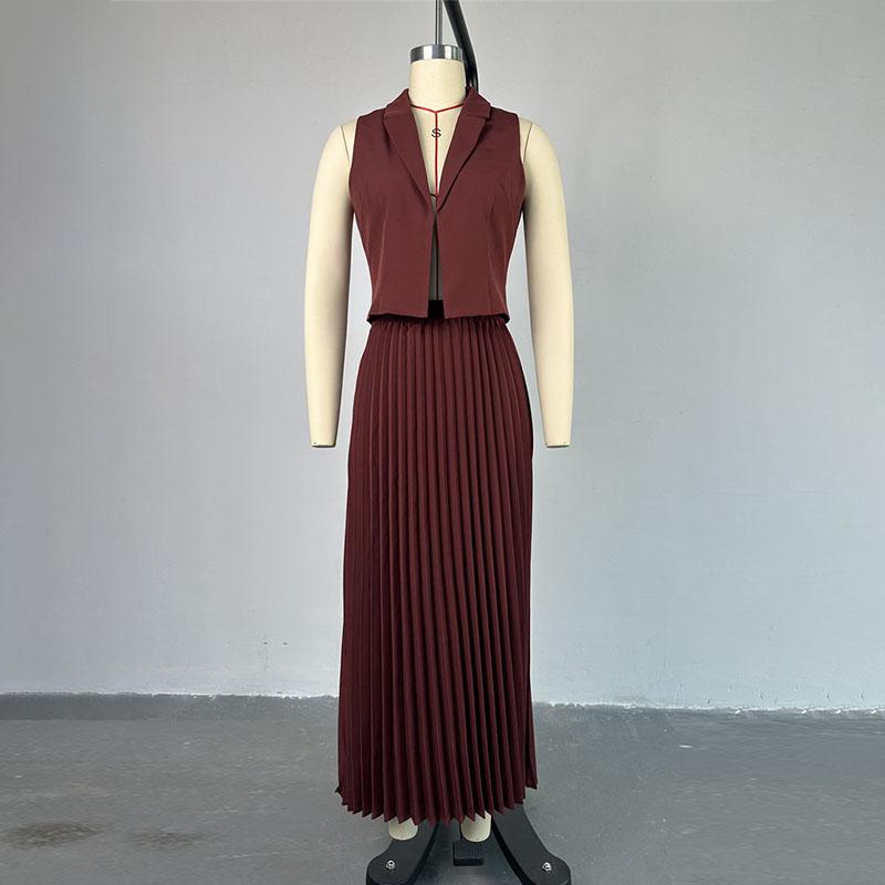 Skládaná dlouhá sukně set Dámská móda Slim Vykrojené Bez rukávů Krátký top vesta Femme Street Vysoký pas Jednobarevné Maxi Sukně Sety Dámské outfity 2024 Léto