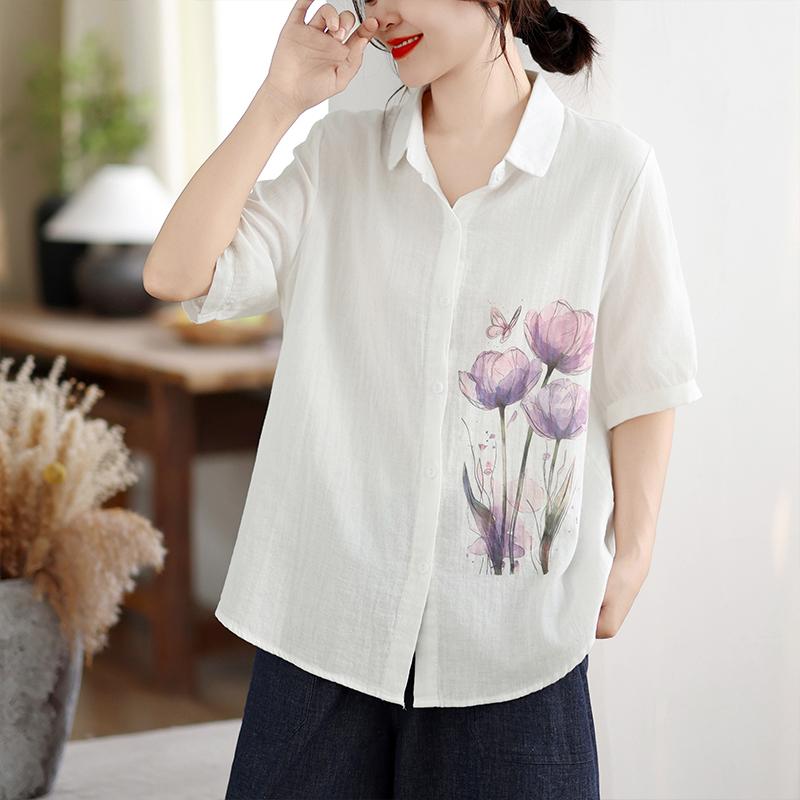 DIMANAF 2026 Women Plus Size New Summer Cotton Blouse Shirt Short Sleeve Print Floral Casual Loose Lady Tops Shirts