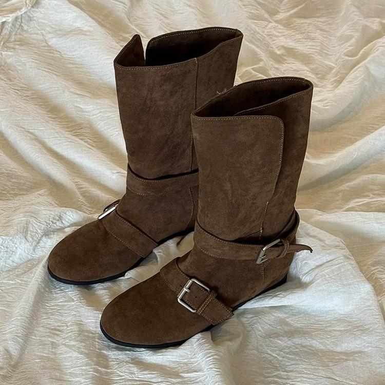 Sheepskin Version~ Korean Round Head Belt Buckle Inner Height Increase Flanging Two Wear Medium Boots Women's Western Cowboy Boots Martin Boots