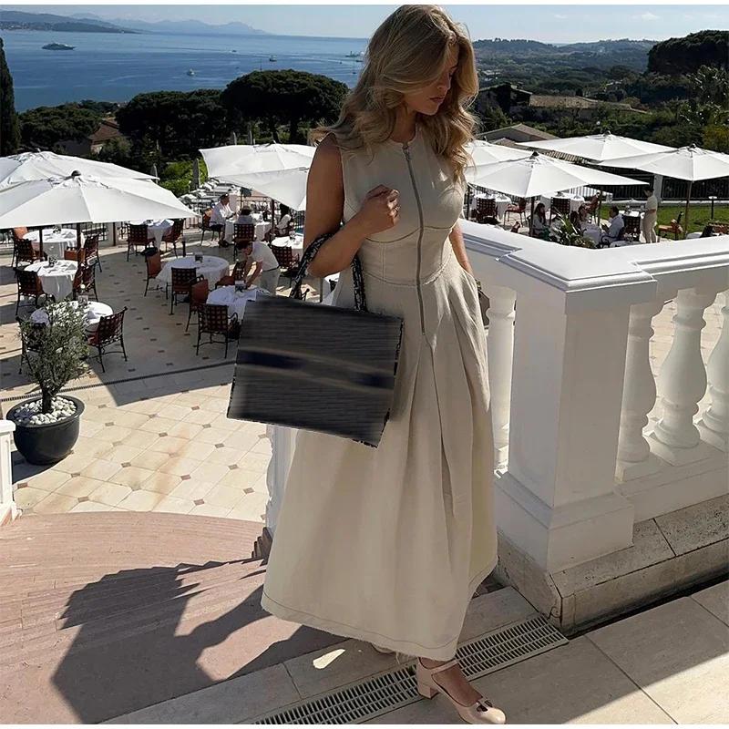 Sleeveless SpliAed Zipper Maxi Dress Women Elegant High Waist Slim Pleated Long Dresses OffiAe Lady Street Robes Female