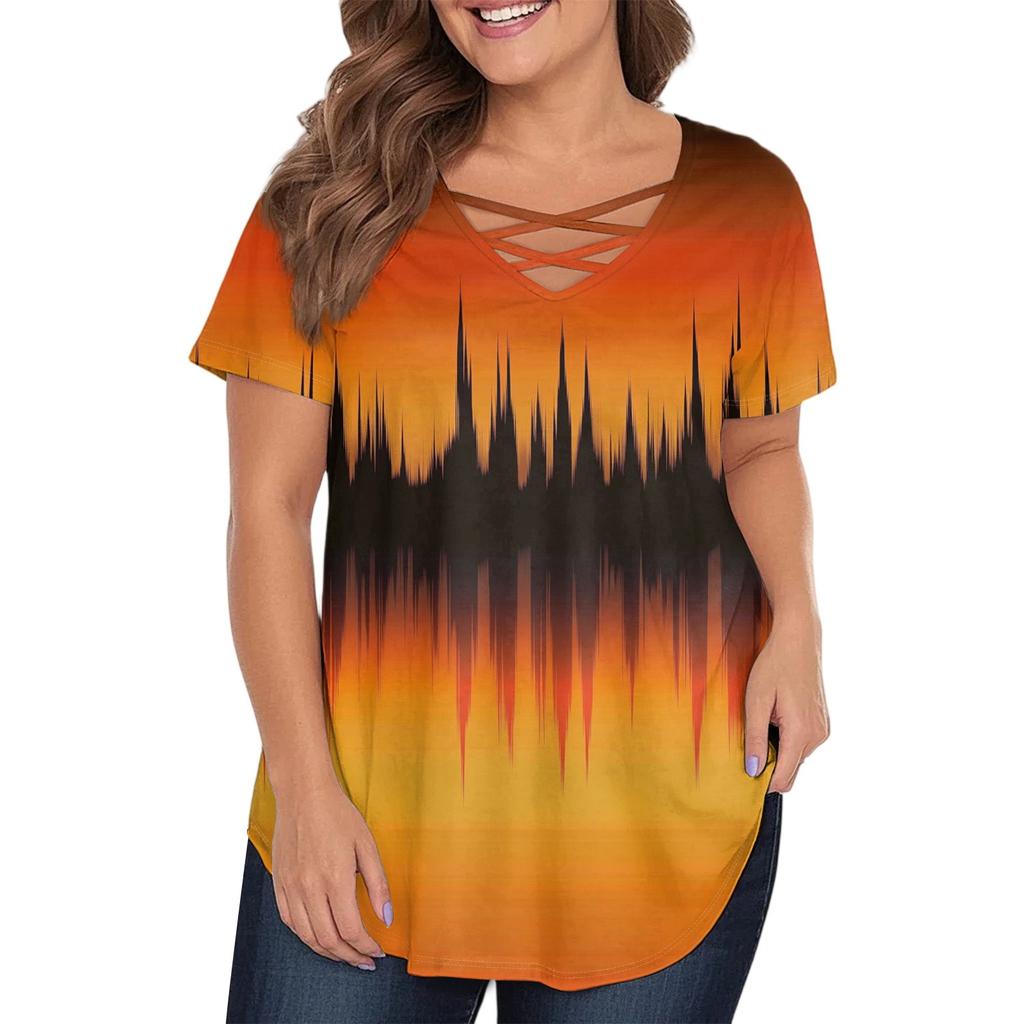 Women's Fashion Casual Printed V-Neck Short Sleeve Large Size T-Shirt Top