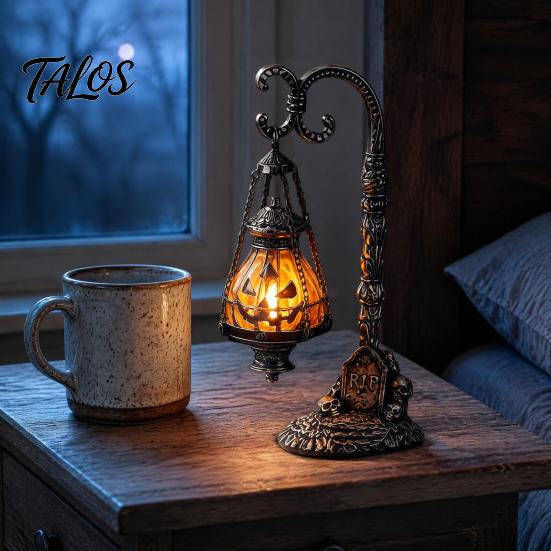 Espeluznante Adorno de Mesa de Resina Calavera Calabaza Gótica Soporte Linterna con Luz Cálida, Lámpara Decorativa de Escritorio Retro Decoración del Hogar, Luz de Atmósfera Curativa