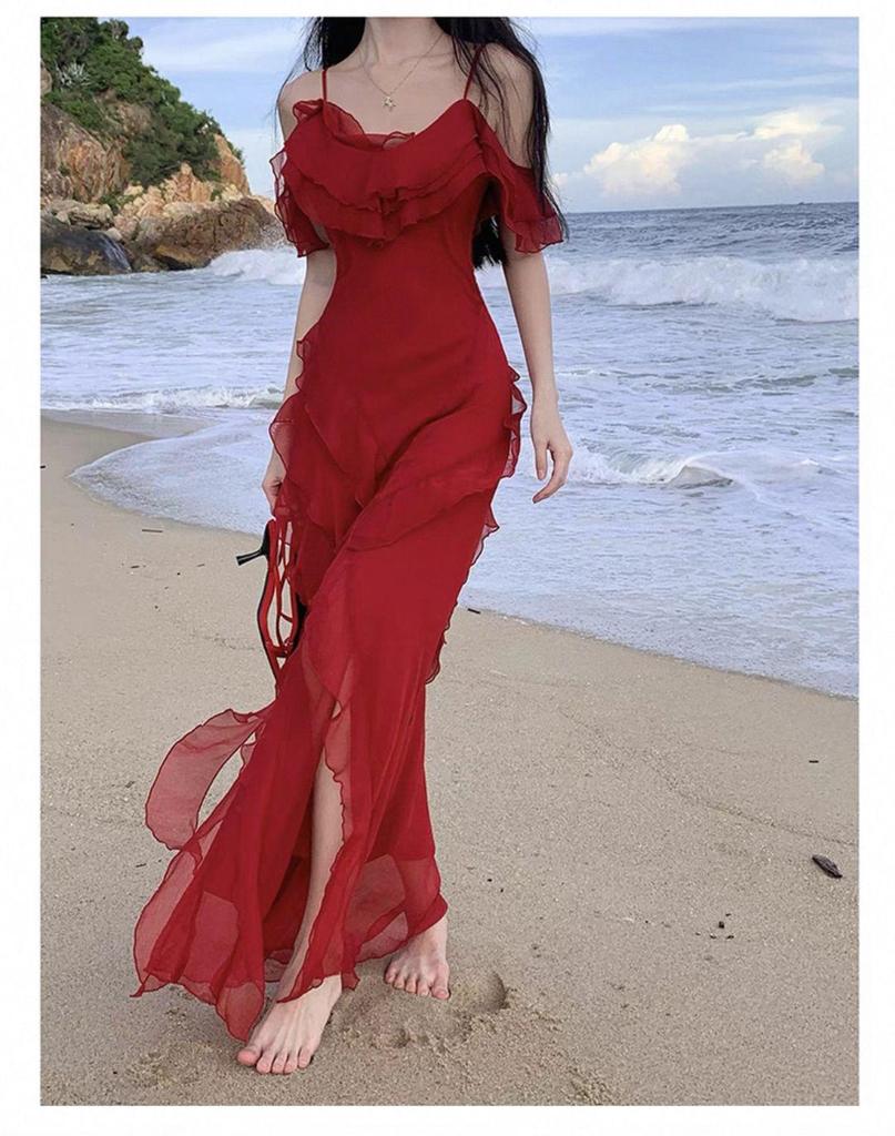 French Retro Red Spaghetti Strap Ruffle Dress - Women's Summer Beach Vacation Elegance