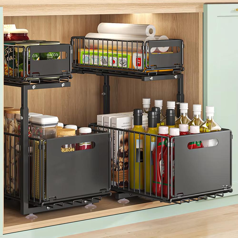 2-level sliding drawer under sink, adjustable kitchen storage rack, removable cabinet organizer, spice jar storage rack