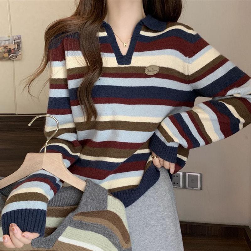 Women's Plus Size Striped Knit Polo Collar Long Sleeve Base Layer Sweater - Autumn/Winter Korean Style