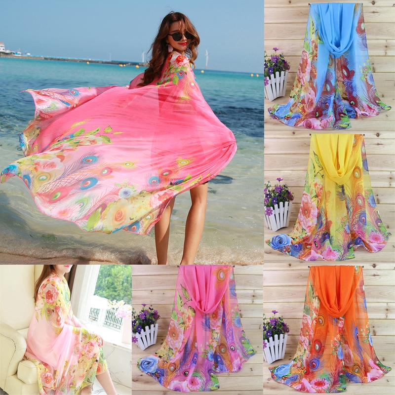 Châle en Mousseline de Soie Mode Femme Protection Solaire Écharpe en Soie Accessoires Longue Cape Été Serviette de Plage Imprimé Floral Enveloppement Sarong 160x50cm