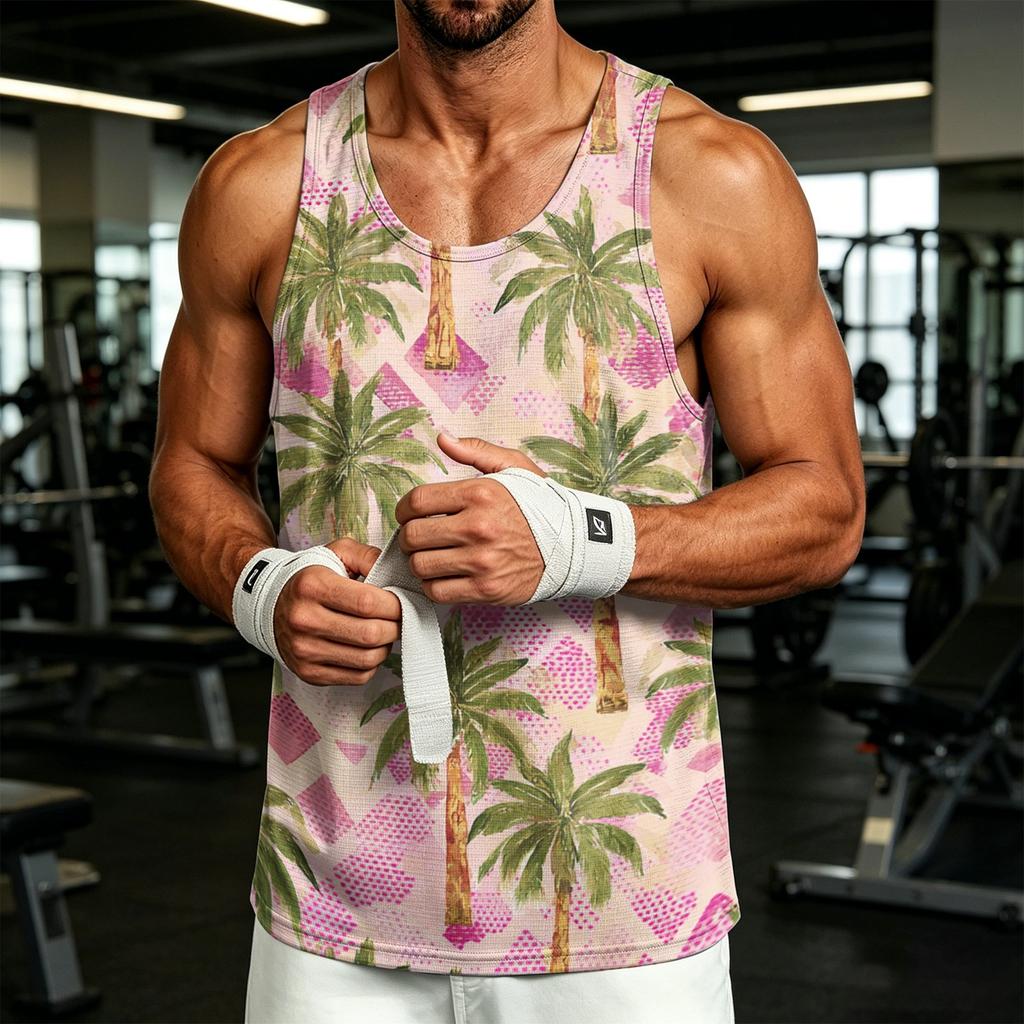 Men's Casual Hawaiian Print Outdoor Sports Tank Top Sleeveless Round Neck Summer Beachwear Lightweight Breathable Fabric