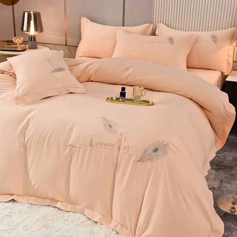4pcs/set Soft and Comfortable Naked Sleeping Four-piece Bedding Set Feather Embroidery Quilt Cover Simple Bedding Complete Set of Bedding Set