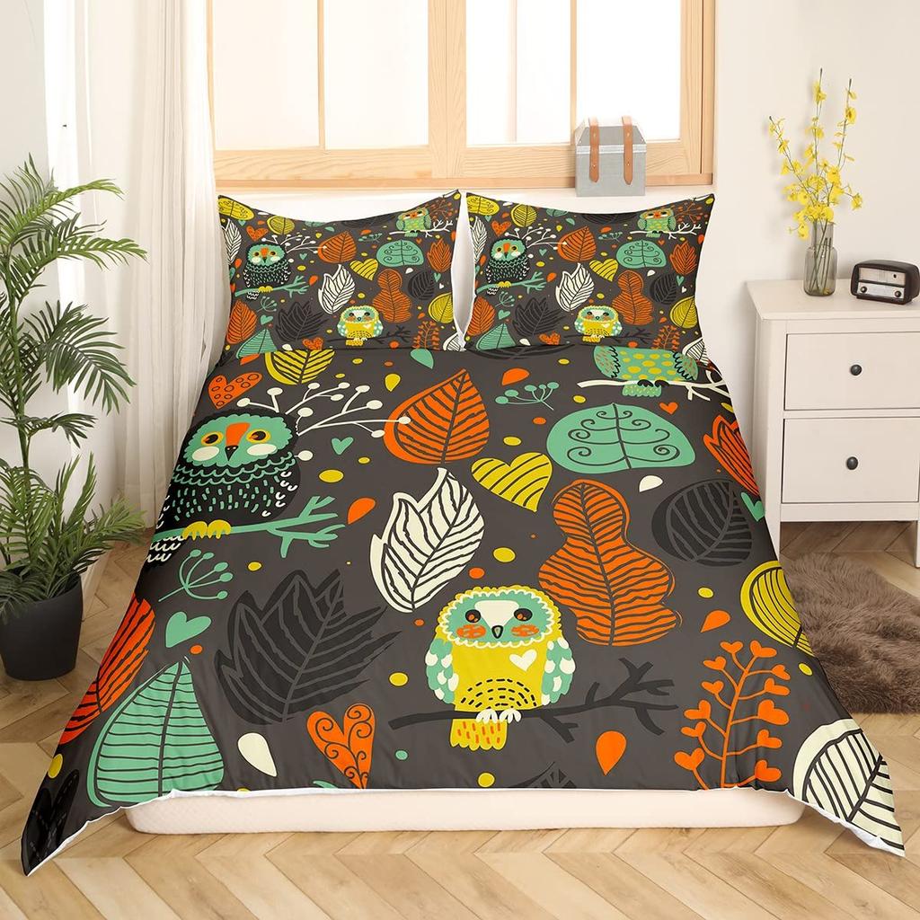 Cartoon Owl King Queen Duvet Cover Gray Cute Animal Bedding Set Pink Orange Grey Flowers Comforter Cover Polyester Quilt Cover