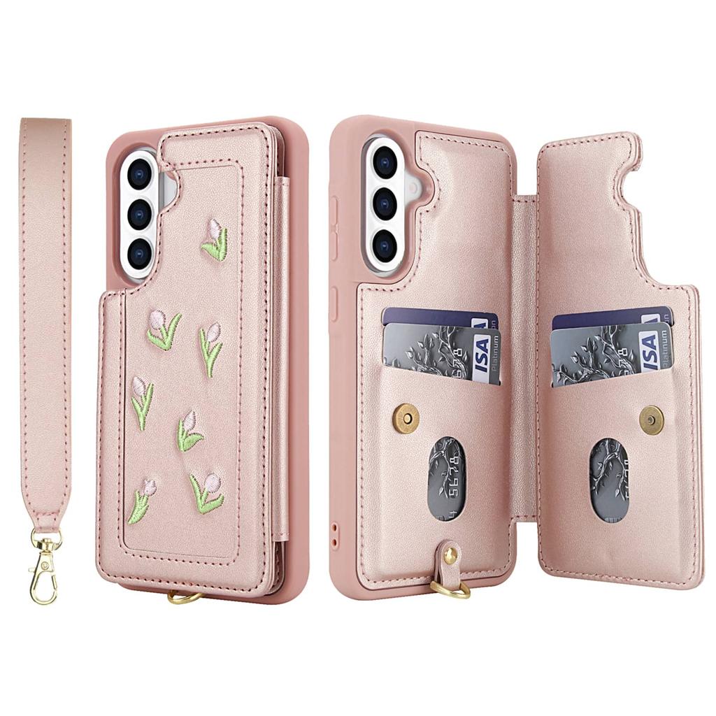 Flip Shockproof Case for Samsung Galaxy A14 A34 A54 A15 A35 A55 A16 A36 A56 Stereo Flower with Lanyard Kickstand Wallet Case