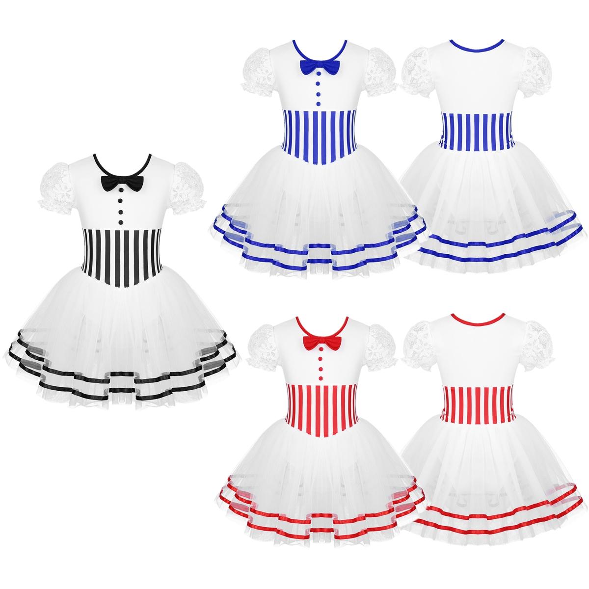 

Kids Girls Dancer Lace Puff Sleeves Christmas Dance Dress Striped Figure Ice Skating Leotard Dress 5-6 Years червоний