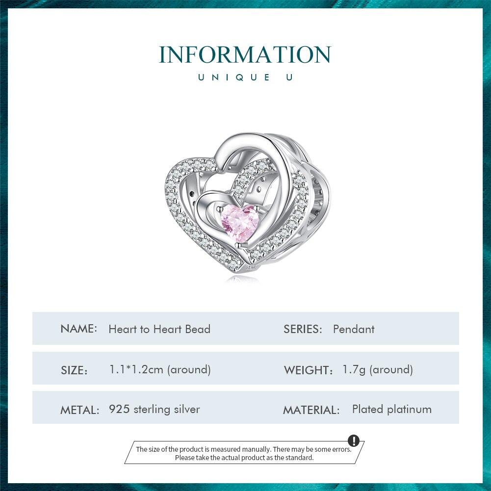 Bamoer 925 Sterling Silver Pink CZ Geometrický dutý korálek od srdce k srdci pro ženy Originální náramek a náramek šperky