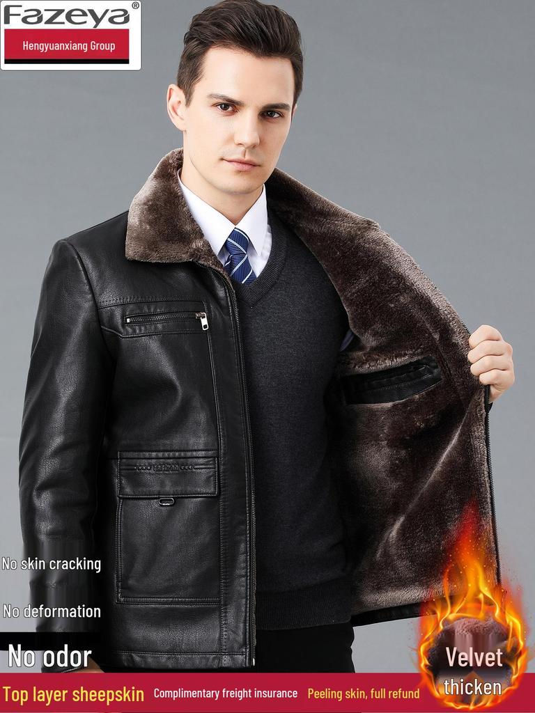 Men's Winter Sheepskin Leather Jacket with Fleece Lining - Thick, Warm Outerwear for Middle-aged and Elderly