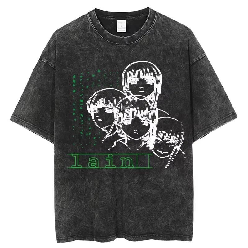 Serial Experiments Lain Iwakura Lain Vintage Washed T-Shirt Retro Oversized Tee Harajuku Streetwear Lässiges Baumwoll Top T-Shirt