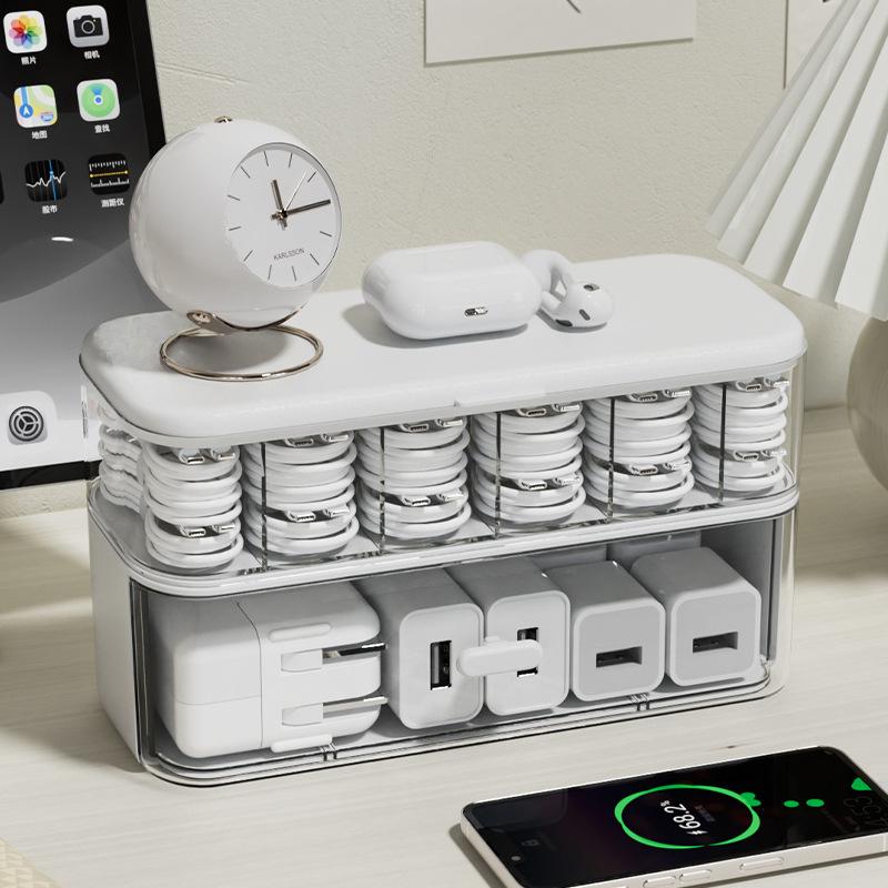 Transparent Desktop Cable Organizer Box with Lid Cord & Charger Storage Solution,No Power Needed,Compact Design for Home Storage