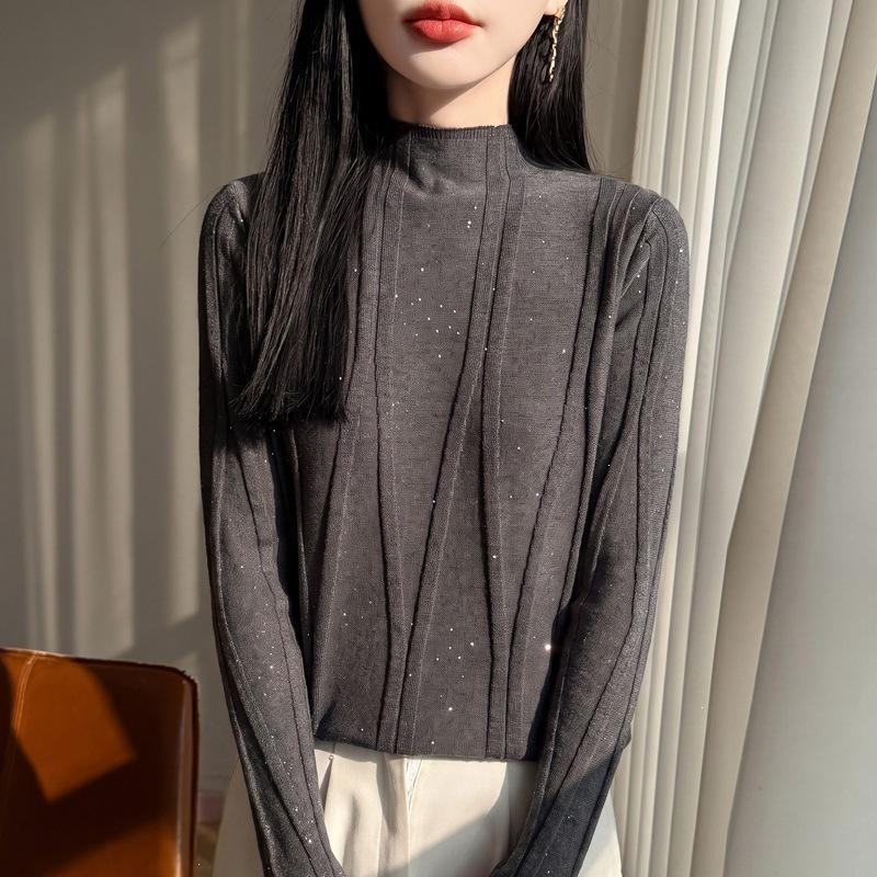 2026 Women's Autumn/Winter Slim-Fit Rhinestone Knit Sweater with Half-High Collar