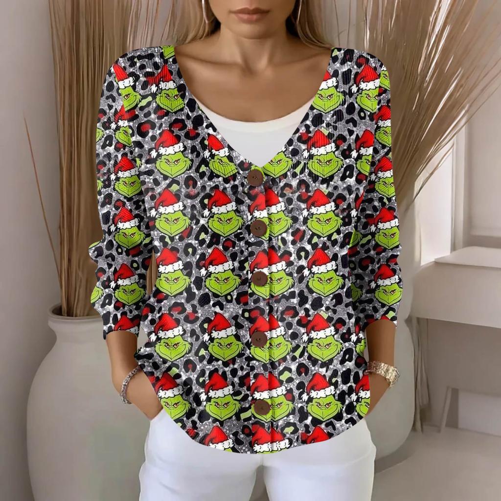 Women's Fashion Casual Knit Sweater Button-Up Christmas Print Cardigan Jacket