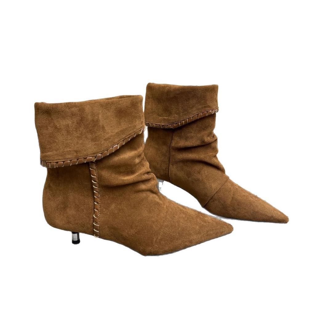 Jesień i zima 2025 nowe retro szpiczaste skórzane kowbojki damskie buty na średnim obcasie wsuwane szpilki krótkie buty