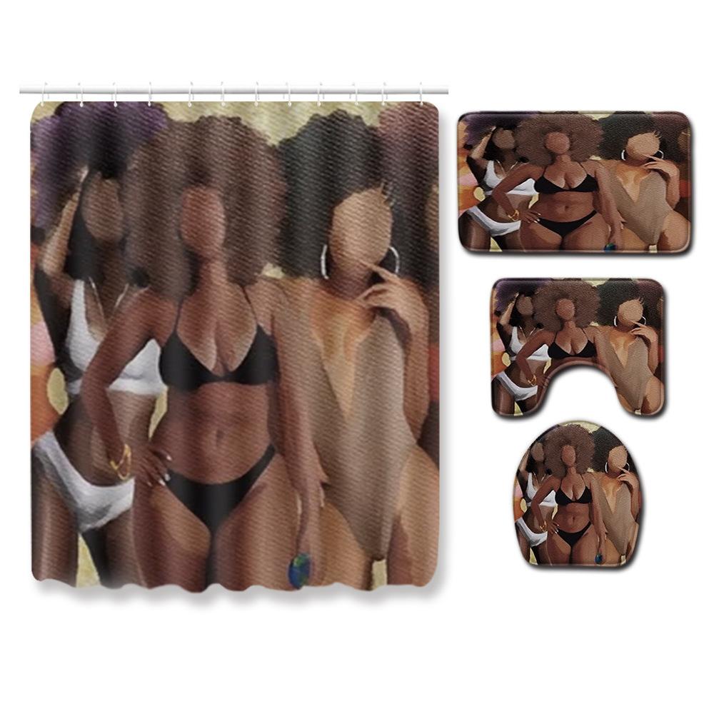 African American Women'S Bathroom Non-Slip Floor Mat, Shower Curtain Combination Carpet, European And American Style Explosion Woman