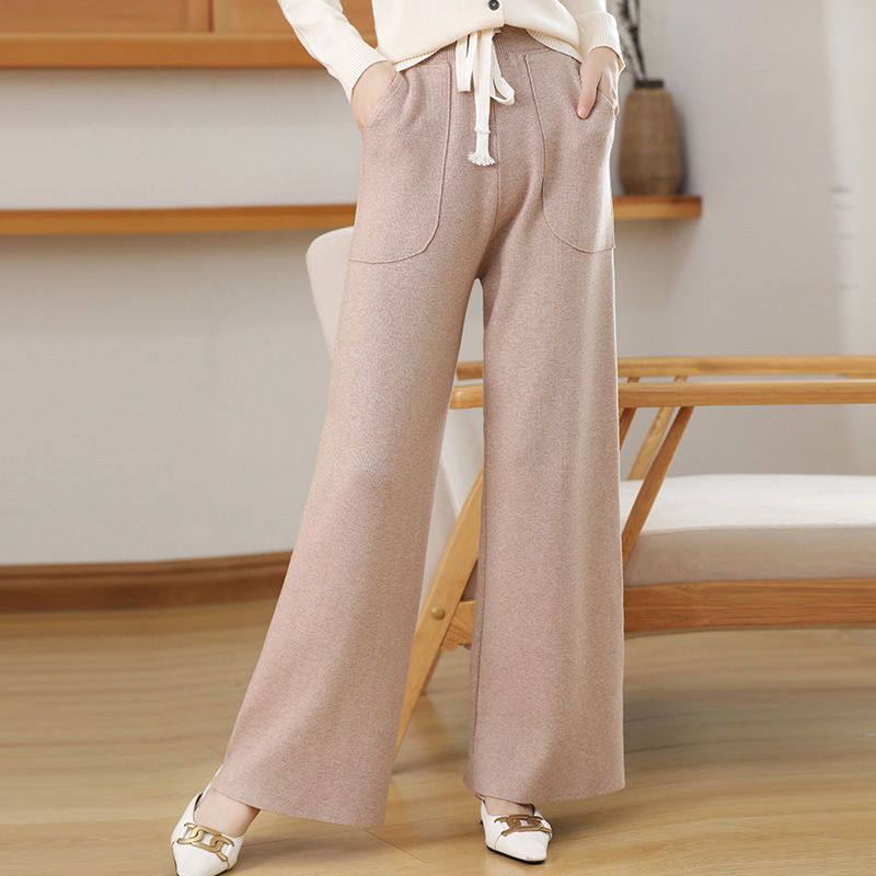Pantaloni Donna A Vita Alta In Maglia Di Lana – Gamba Larga Dritta, Autunno Inverno, Con Tasche
