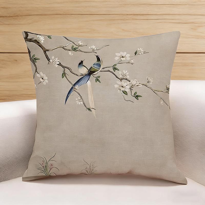 Vintage Oriental Floral Bird Print Cushion Cover Peach Skin Oriental Throw Pillowcase Sofa Living Bedroom Home Decor Pillow Case