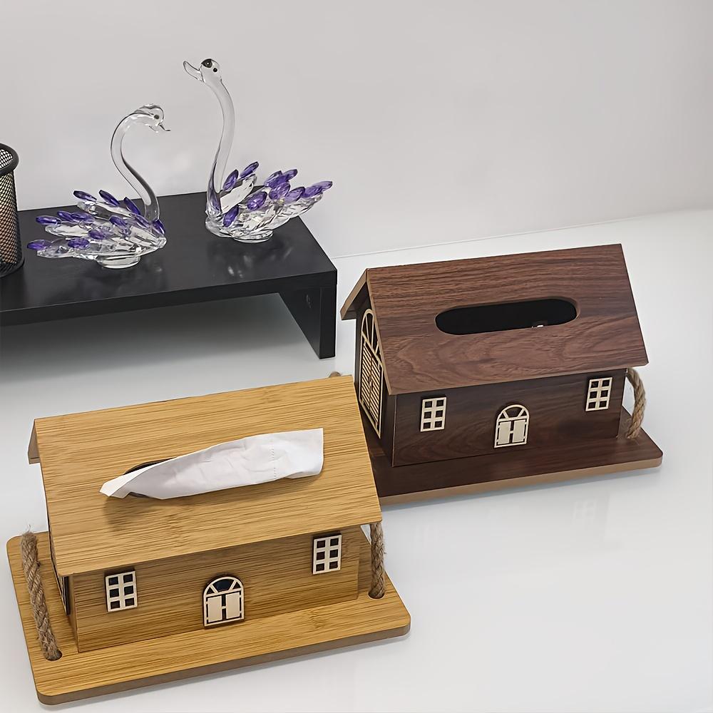 Wood Grain House,Shaped Tissue Box, Modern Country BB Design with Wooden Jute Rope Tray,Nightstand Deco,rMultipurpose Vintage Style Storage Box