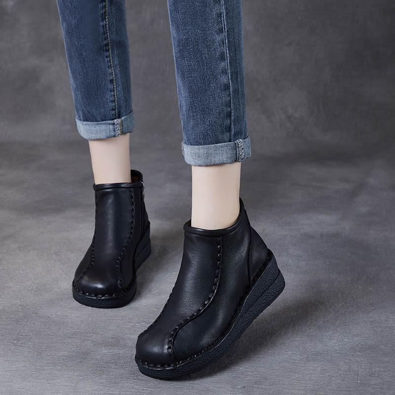 Johnature Retro Soft Soled Wedges Short Boots Genuine Leather Women's Shoes Round Toe Plush Cotton Boots