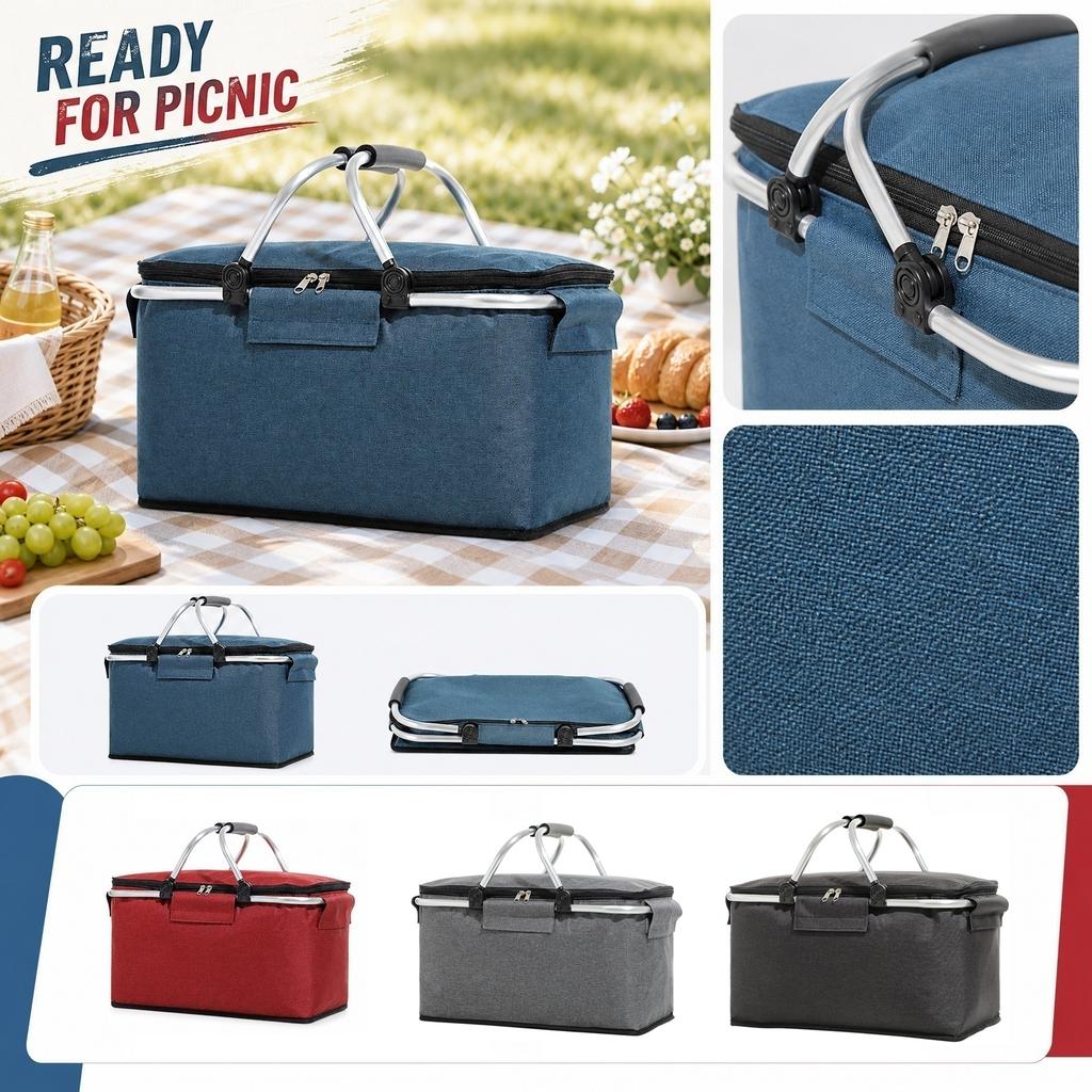 Oxford Fabric Portable Picnic Basket with Handle Foldable Insulated Storage Bag Large Capacity for Outdoor Camping Grocery Shopping