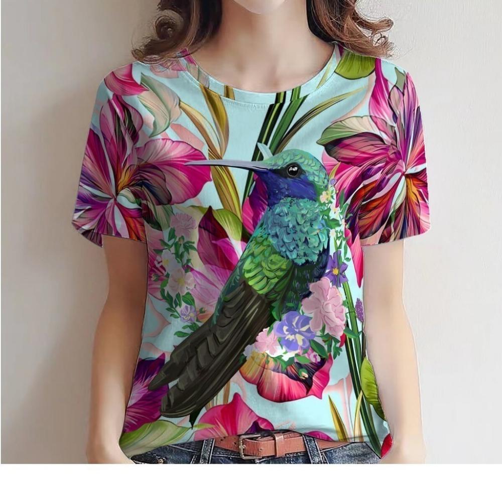 Round Neck Short Sleeved Top, Women's Floral Printed T-shirt