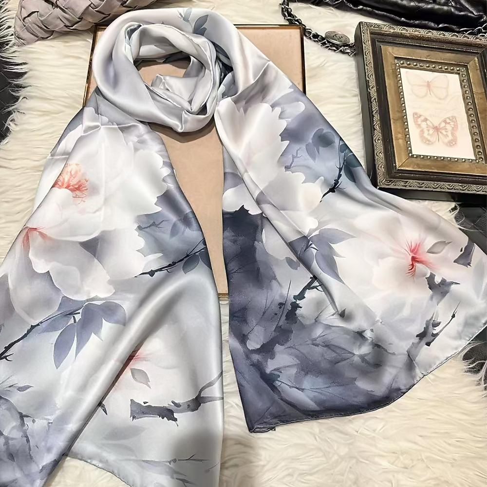 Фиолетовый 100% Шелковый Женский Шарф Платок С Принтом Осень Зима Длинный Шарф на Шею Палантин Модный Цветочный Дизайн Шелковый Шарф для Волос Накидка
