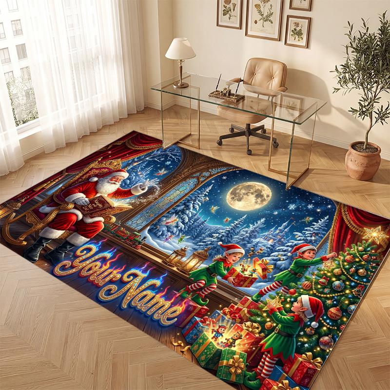 Weicher Kristall-Samt-Teppich mit Weihnachtsmotiv, individuell bedruckbar mit Namen & Text, rutschfester Bodenläufer für Schlafzimmer, Wohnzimmer