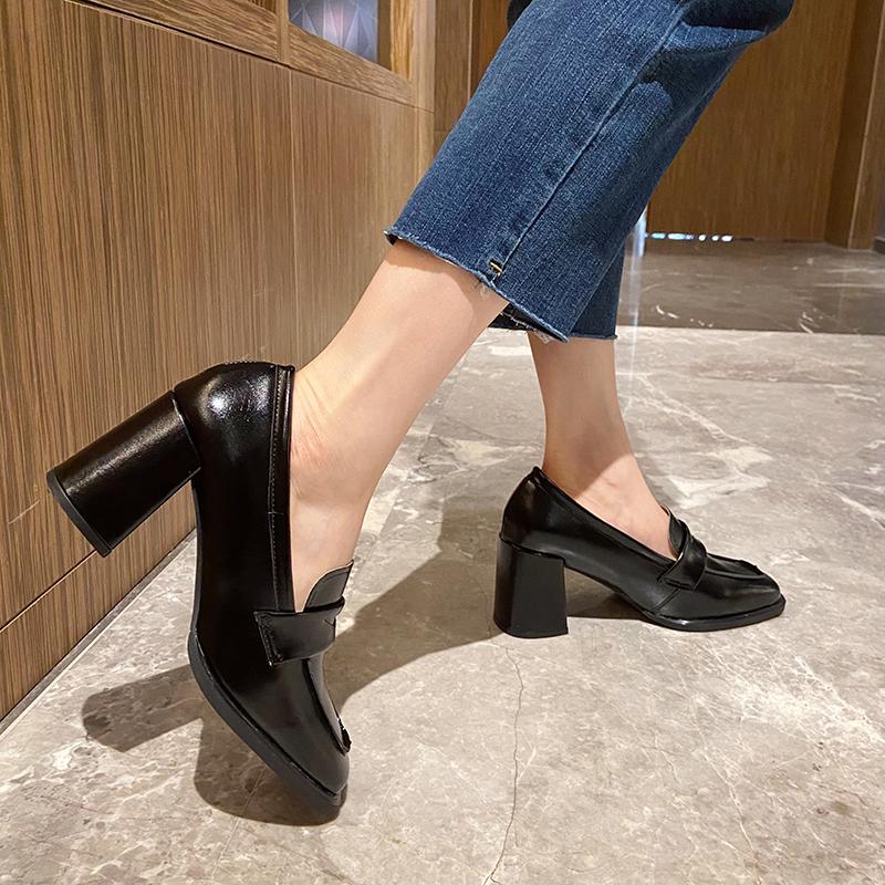 Fashion New Vintage College Style Women Loafer Shoes Fashionable Shallow Slip On Female Elegant Thick Heel Commuting Shoes Zapatos Mujer