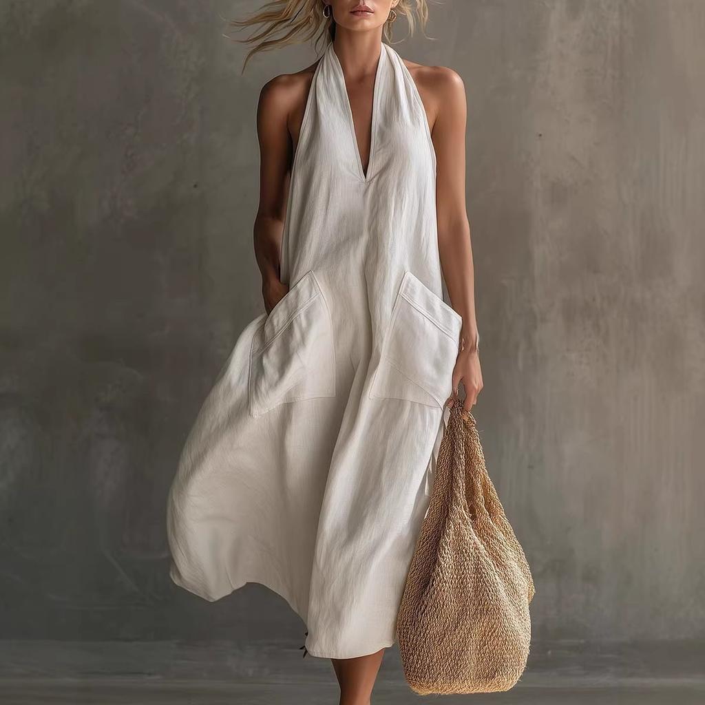 Nuevo Vestido de Verano Casual Vintage de Lino para Mujer, Vestido Midi sin Mangas con Escote en V y Bolsillo de Parche para Vacaciones