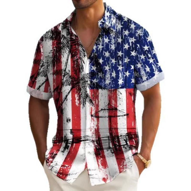 Mens Short Sleeve Casual Shirt Vintage Hawaiian Print Loose Fit Streetwear
