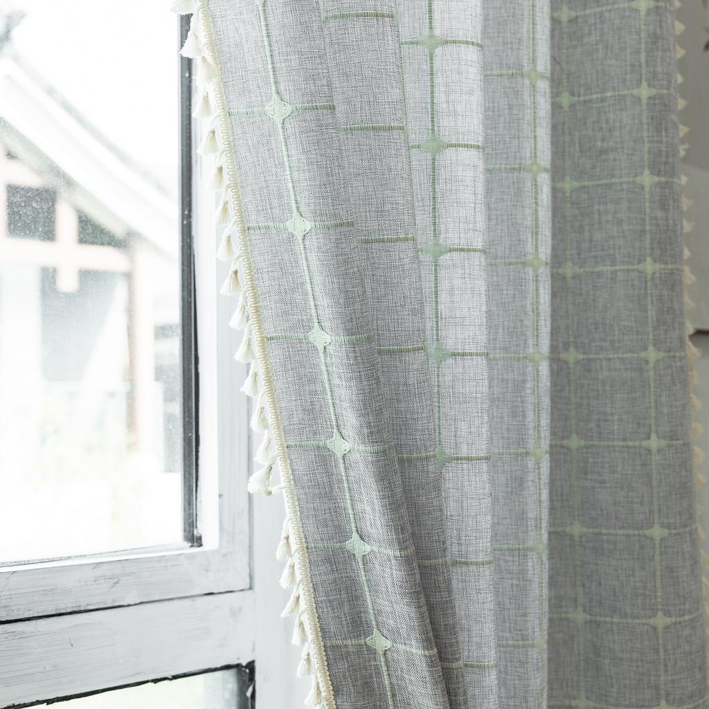 Curtain Finished Grey Plaid Embroidered Farmhouse Decorative Blackout Half Curtain Bohemian Curtain