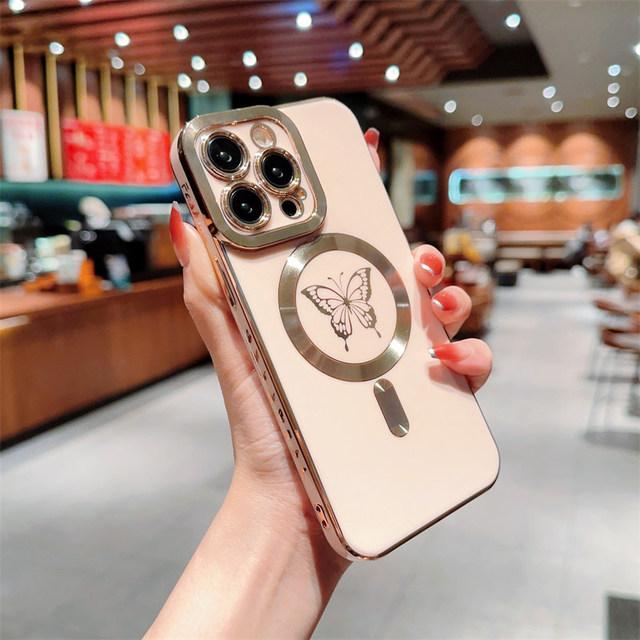 

Роскошный мягкий гальванический чехол для телефона с бабочкой для Iphone 14pro Max 13 12 11 Pro Max 14 Plus, магнитный чехол для беспроводной зарядки For iPhone 13