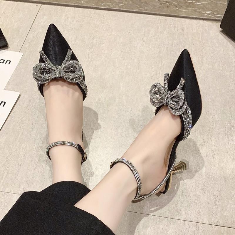 2026 Pointed Toe Women's Sandals Crystal Bow High Heels Shoes Summer Luxury Mary Jane Shoes Party Pumps Sexy Slides Mujer Zapato