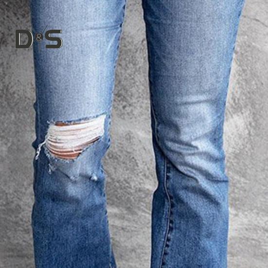 Hoch taillierte Schlaghosenjeans für Damen, zerrissene Bootcut-Schlagjeans, elastische Jeanshose für Frühling und Sommer